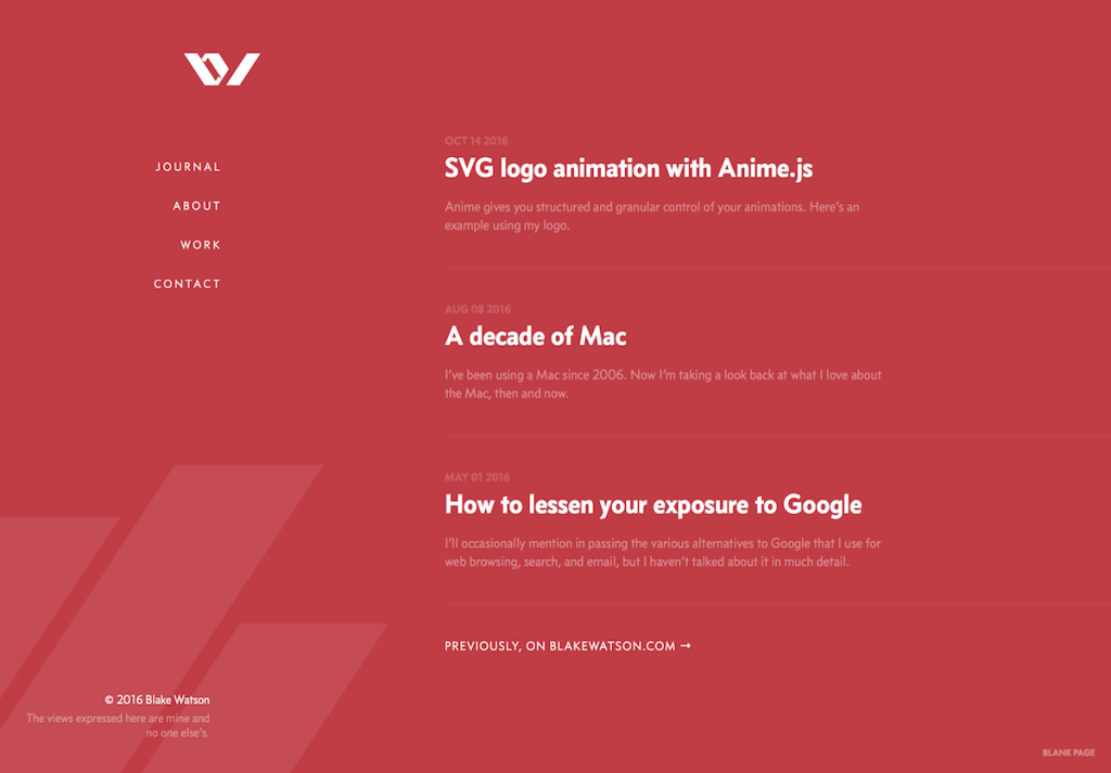 Red background with a sleek, modern for 2016 feel. Clean design. The homepage is sparse and shows the three latest posts.