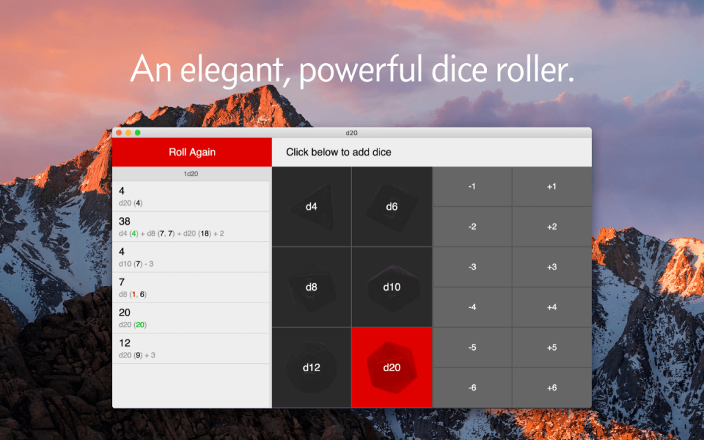 D20 version 1 promotional screenshot. Basically a grid of buttons witb a list of dice roll results running down the left side of the window.