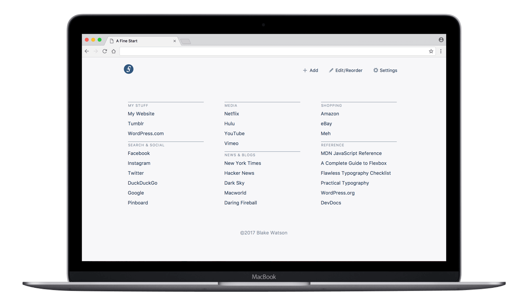 A MacBook showing the A Fine Start page—three columns, each made up of lists of links to various websites