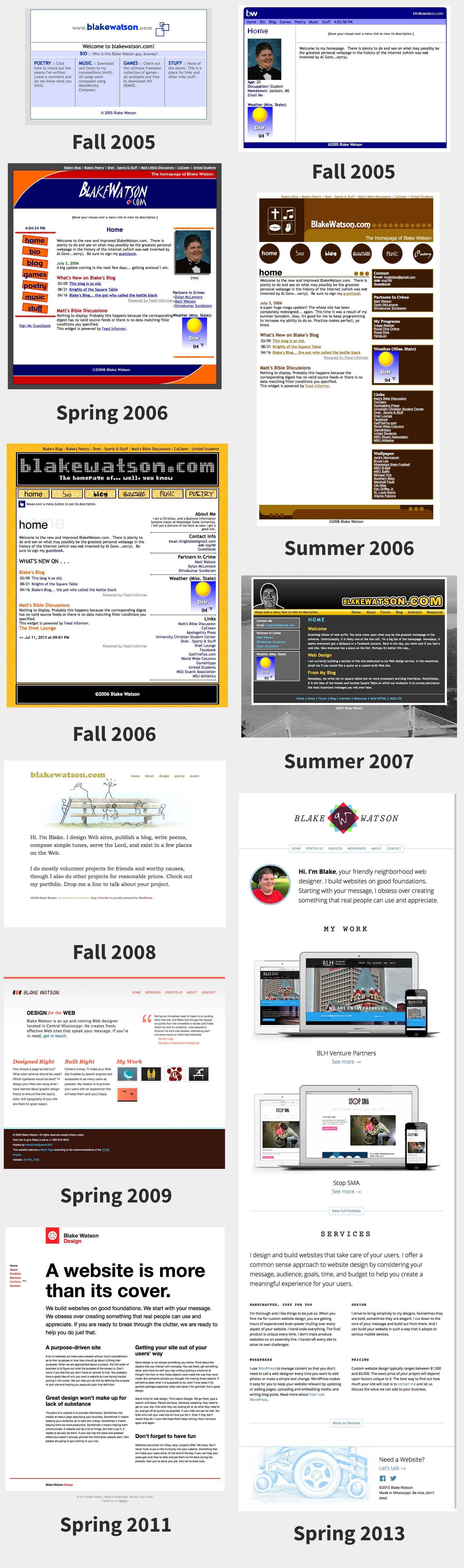 A screenshot of a bunch of my personal websites from 2005 to 2013. The designs progressed from personal site vibe to experienced designer.
