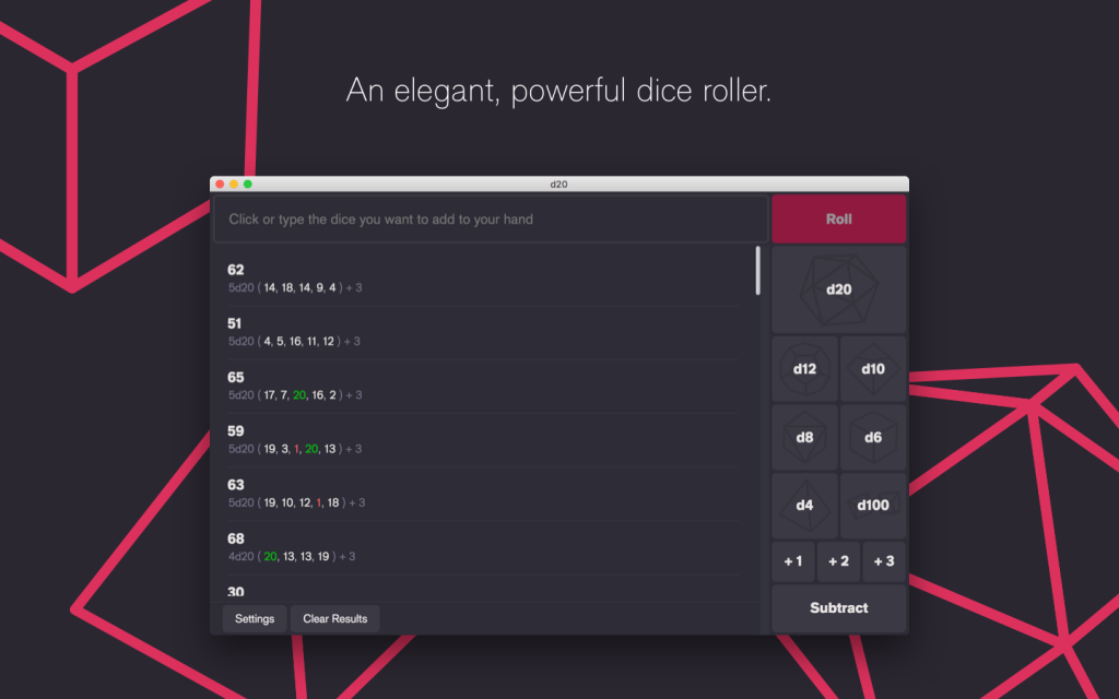 d20 version 2 promotional screenshot. Dice buttons along the right side of the window. A large text input runs along the top with a list of dice roll results underneath.