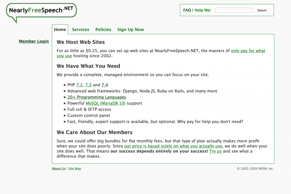 A screenshot of the NFSN homepage. It's an older looking, text-based layout that's very simple.