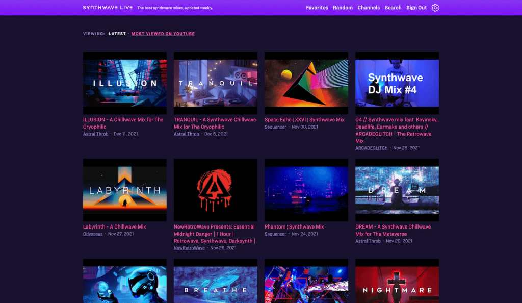 Screenshot of homepage showing a listing of video thumbnails in a grid.