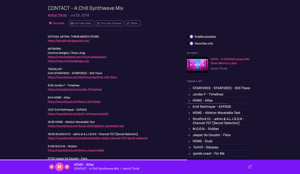 Screenshot of single view scrolled down past the video. Showing video title, published date, links back to YouTube, full text description, sidebar with interactive tracklist.