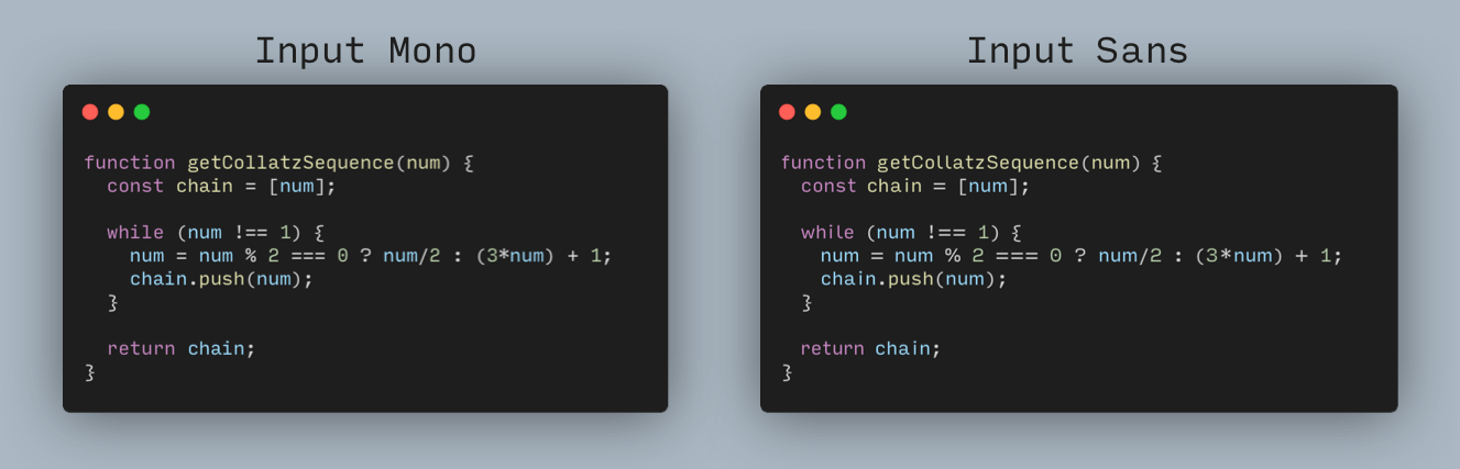 JavaScript code sample comparison between Input Mono and Input Sans side by side.