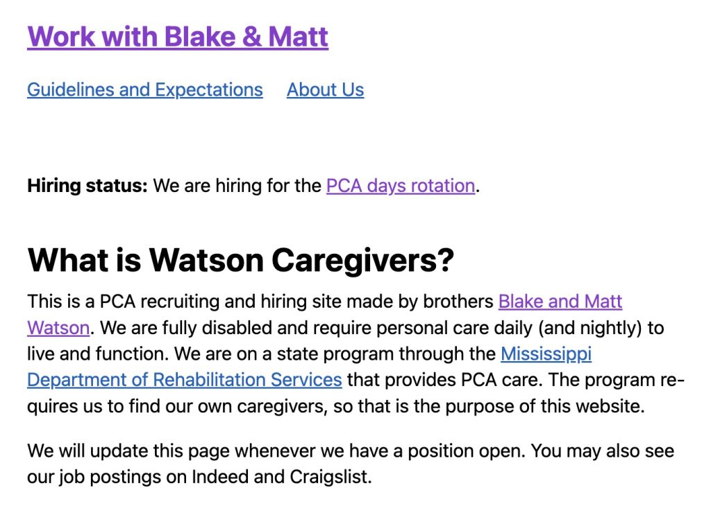 Screenshot of the homepage. It indicates that we are currently hiring and briefly explains who we are.