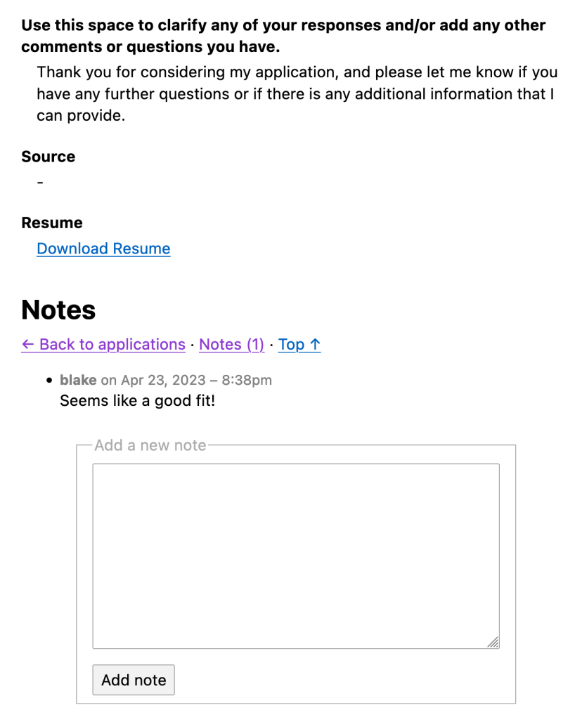 Screenshot of the bottom of an application showing a textarea where a note can be left.