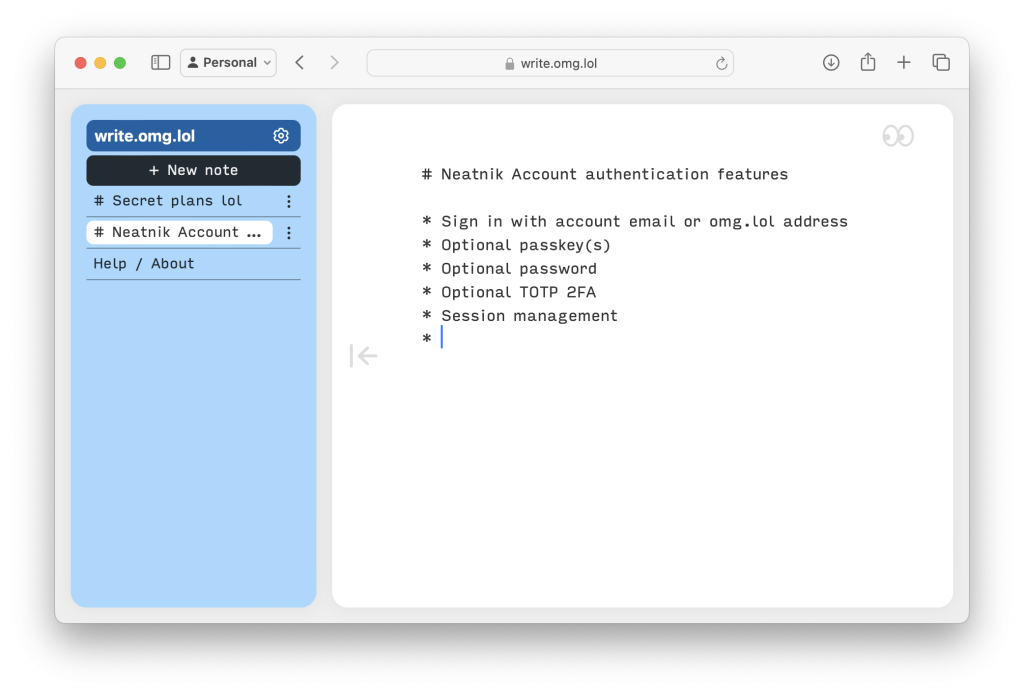 Screenshot of write.omg.lol's app interface in Safari. A sidebar lists the notes and the writing area is a minimalist textarea with generous padding an a larg font size.