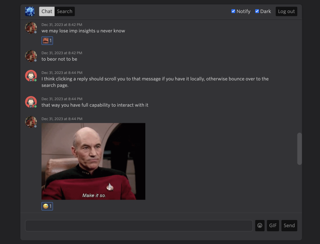 Screenshot of BrainWave Chat. It looks a lot like Discord except simplified. Depicted here is a conversation between me and my brother. In said conversation we made use of replies, reactions, custom emoji, and GIF search.