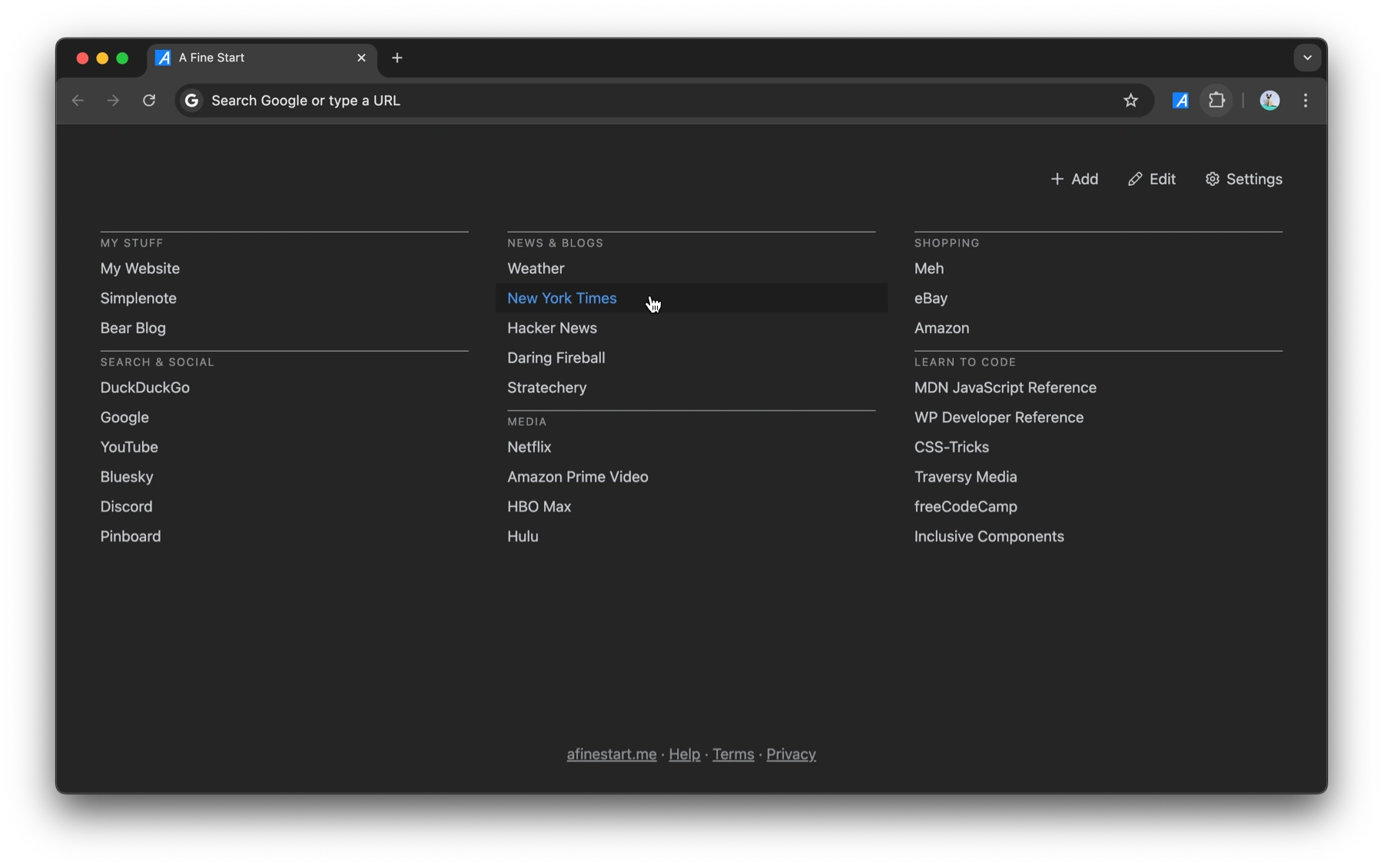 Screenshot of a new tab in Chrome showing A Fine Start. There are three columns of text links that are sorted into groups such as My Stuff and Media. The links are two destinations such as Netflix, New York Times, Hacker News, etc. There is a toolbar for creating and editing bookmarks.