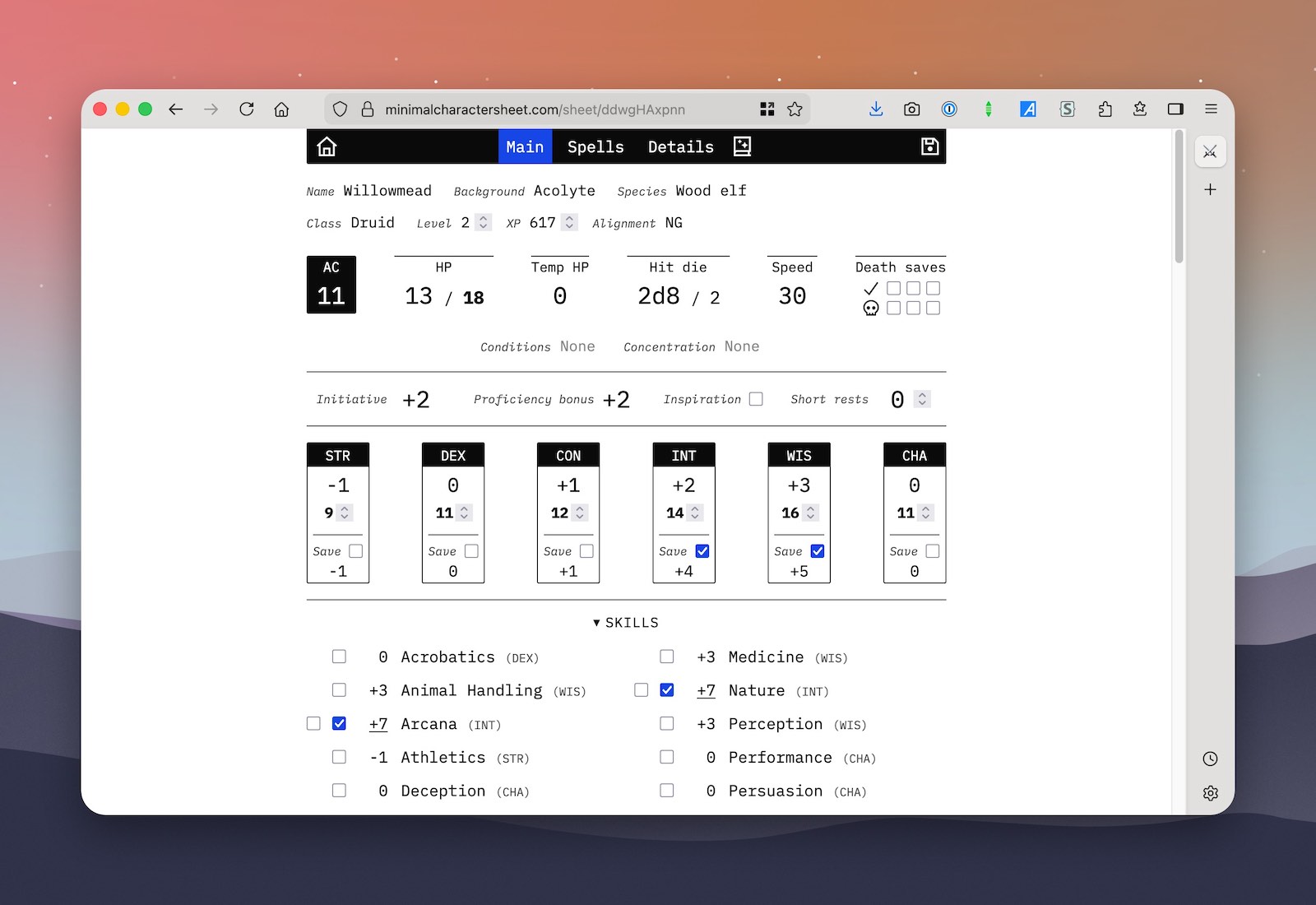 A screenshot of my character sheet app. It has a minimalist style, black and white with a monospaced font. Character information like name, background, species, and class are visible as well as the major abilities and some of the character skills.