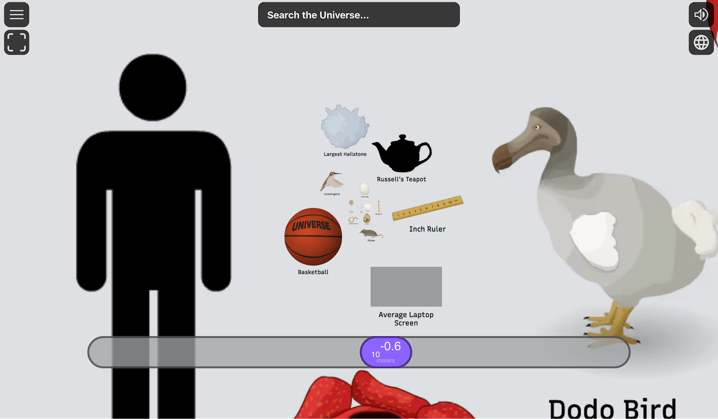 Screenshot of the Scale of the Universe app. There is an icon of a human and clip art of various human-sized objects. There is a slider at the bottom that indicates that you can zoom out or in from the size you are at.
